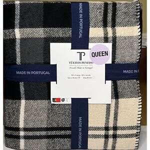 Texteis Penedo Cotton Blend Black Cream Plaid Tartan Queen Blanket Portugal